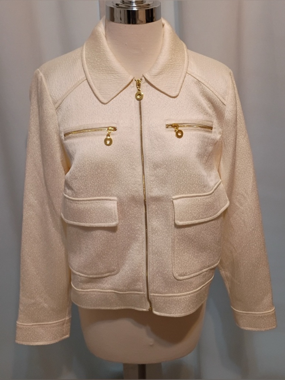 Chico's Cream Bomber Jacket with Gold Zippers